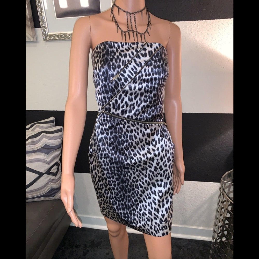 Black, white and silver strapless cheetah dress.